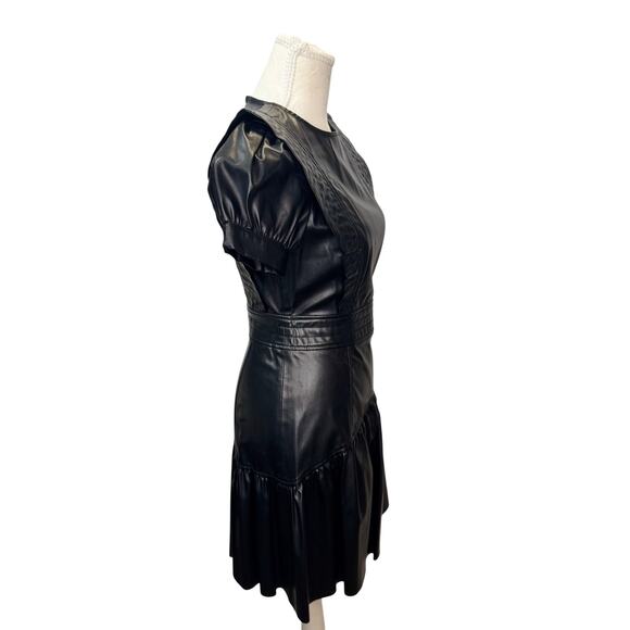 Zara Faux Leather Mini Dress Black Women's XS Ruffle Puff Flounce Hem Coquette - Picture 9 of 16